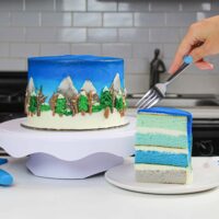 image of winter wonderland cake with pretty blue cake layers