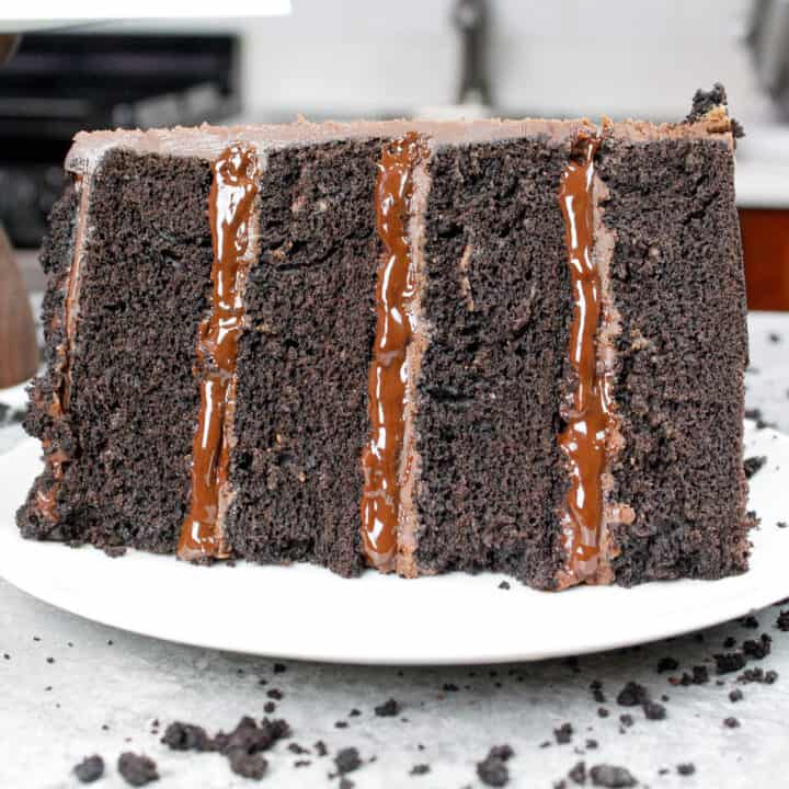 image of a slice of a moist, pudding filled chocolate blackout cake