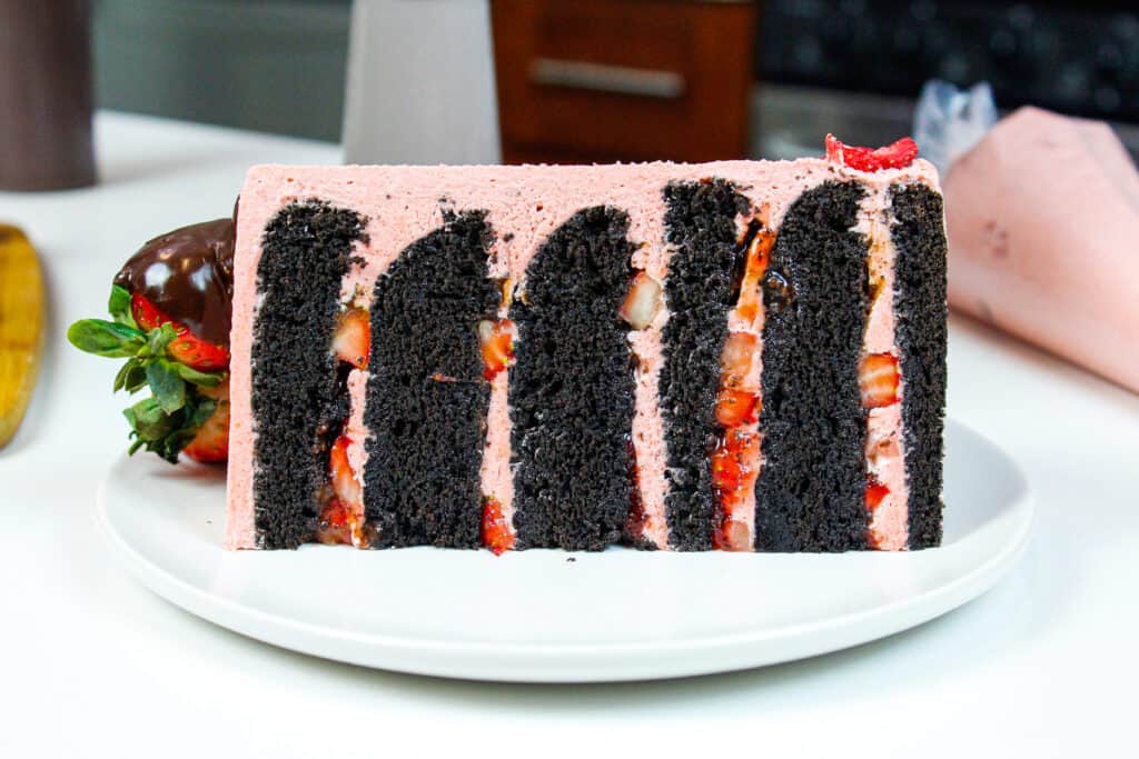image of chocolate cake with strawberry filling
