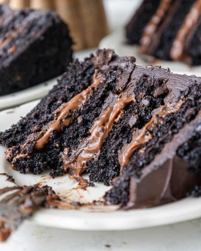 image of a slice of chocolate blackout cake that's been cut into to show it's chocolate pudding filling