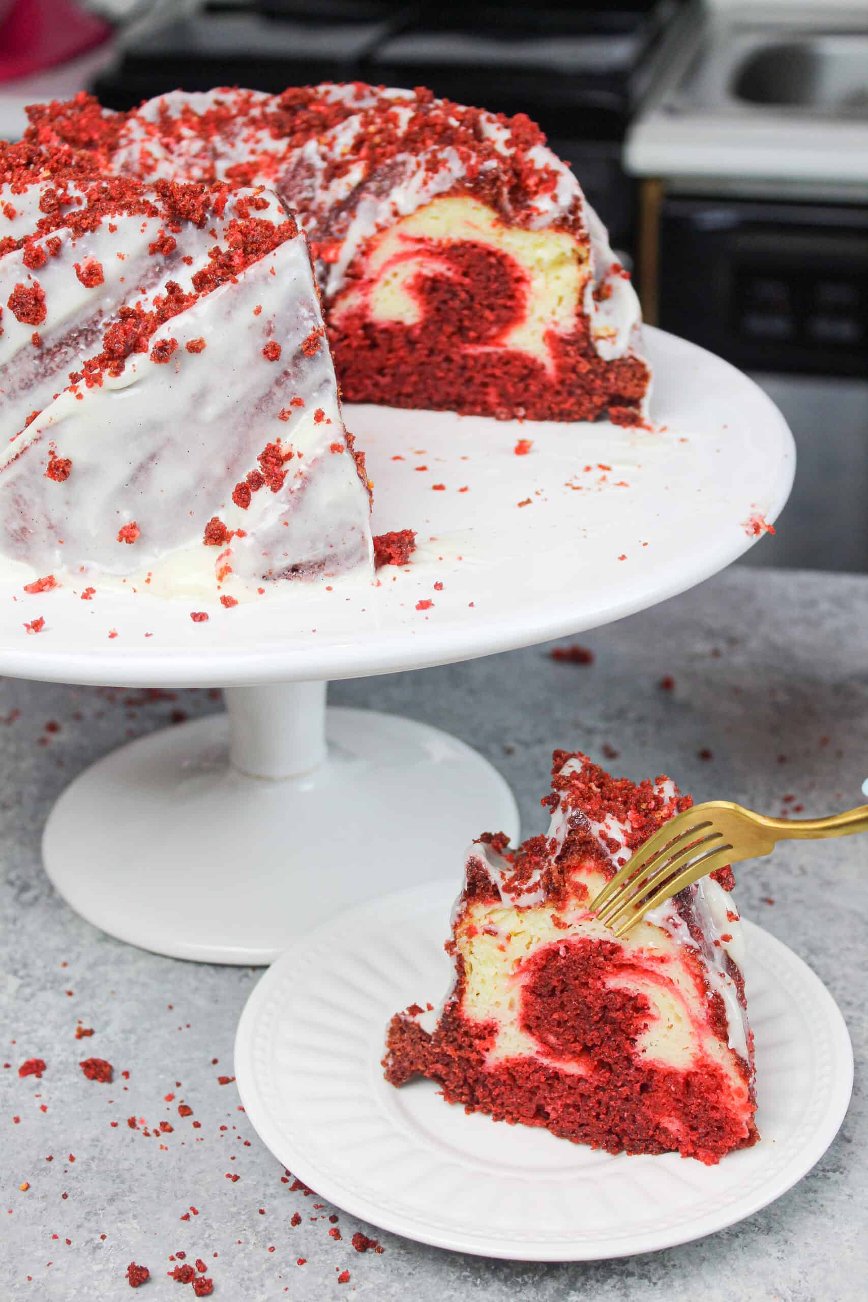 Red Velvet Bundt Cake with Cream Cheese Ripple and Glaze