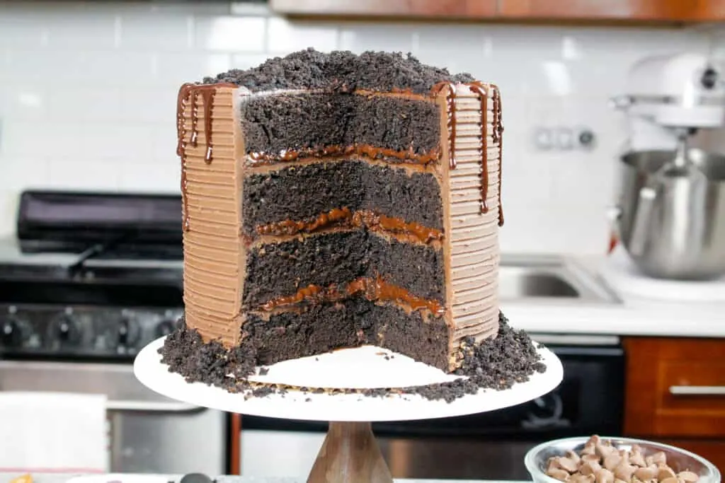 image of cut into death by chocolate cake with chocolate pudding filling