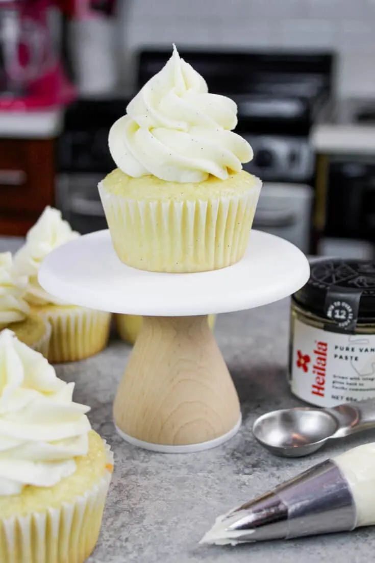 image of gluten free vanilla cupcake on mini cupcake stand