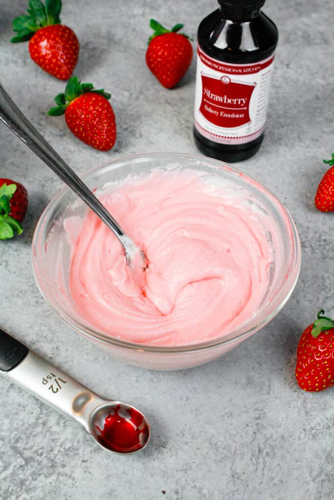 Image of strawberry buttercream frosting made with strawberry emulsion