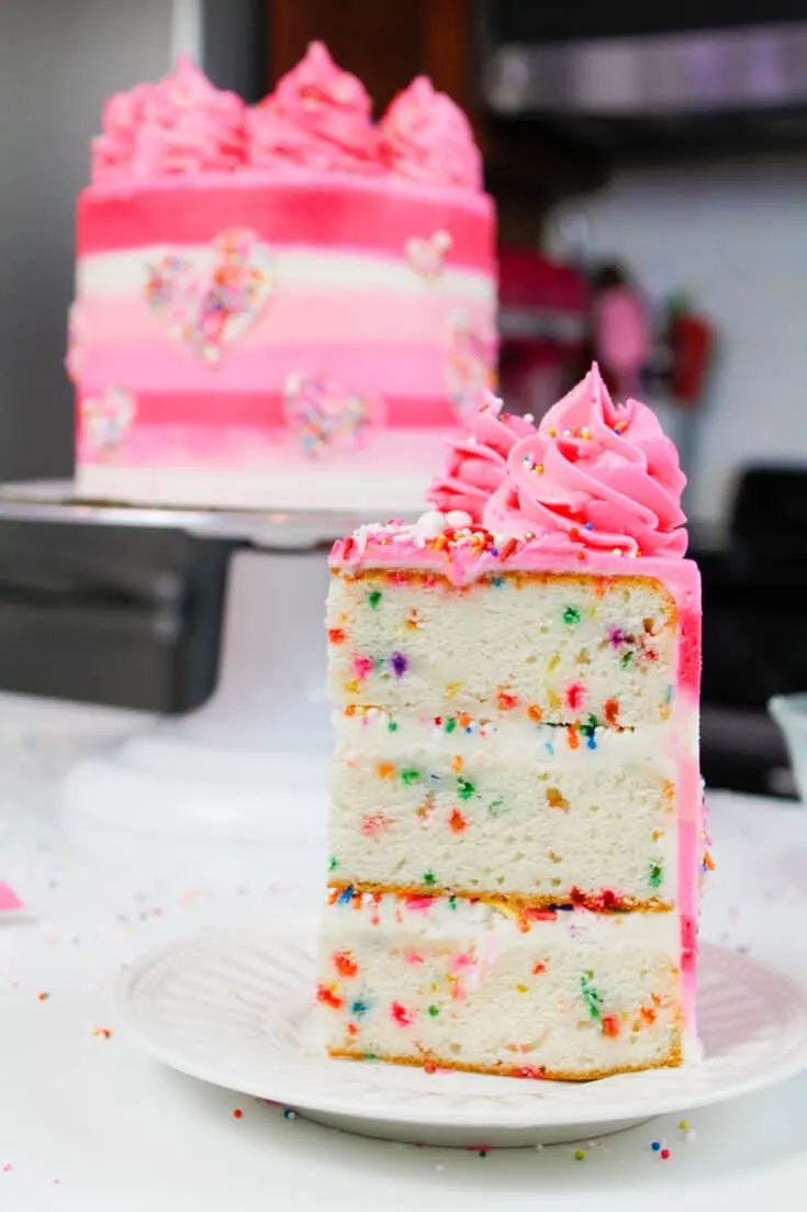 image of funfetti cake slice made from 6 inch cake layers