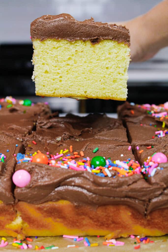image of yellow sheet cake decorated with chocolate buttercream and rainbow sprinkles, with slice held up in the air to show how moist the cake is