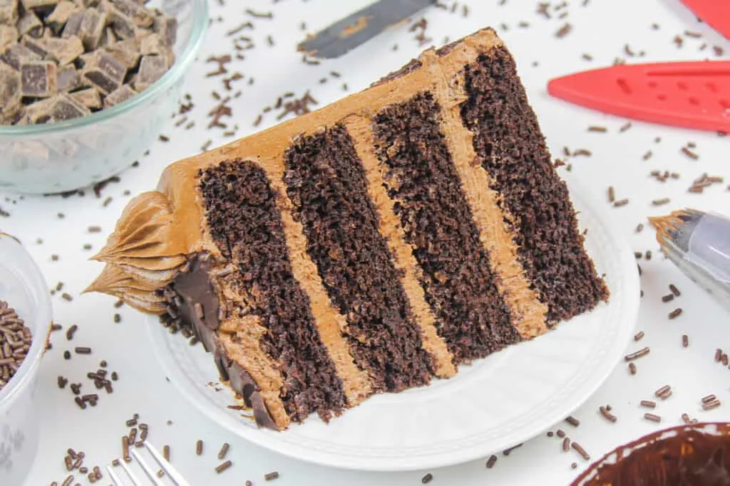 image of a slice of a moist and delicious gluten free chocolate cake with chocolate buttercream