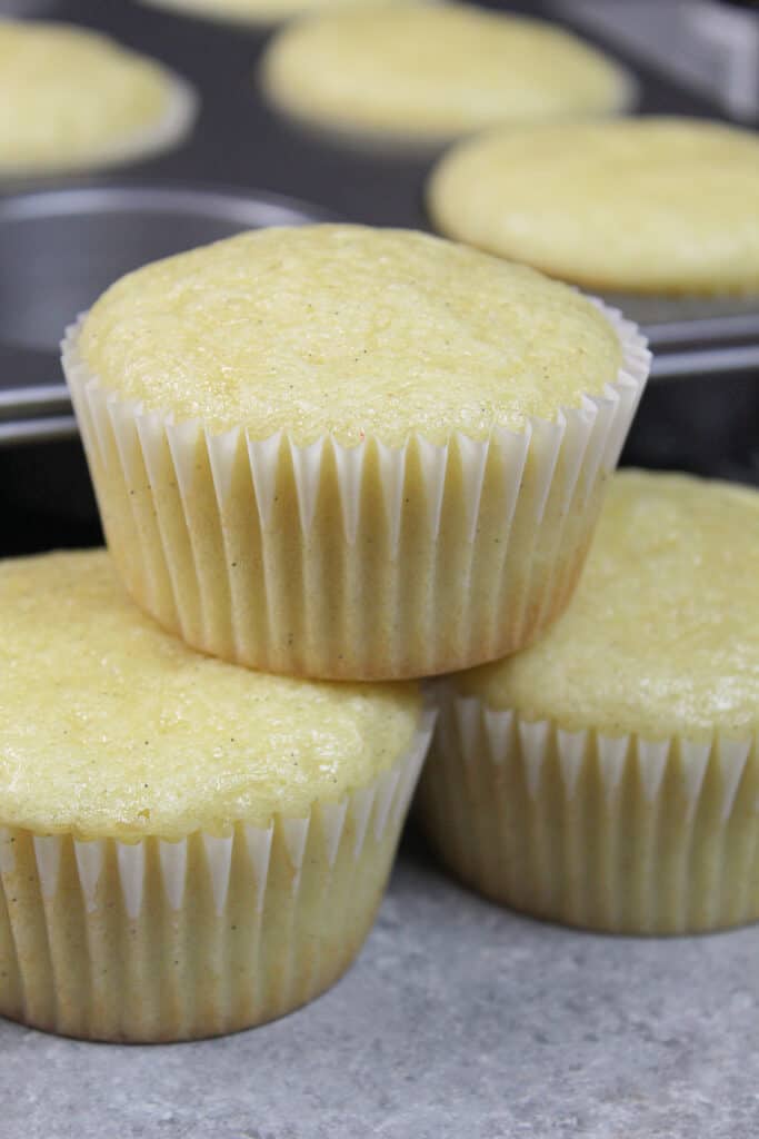 closeup image of gluten free vanilla cupcakes that aren't frosted yet