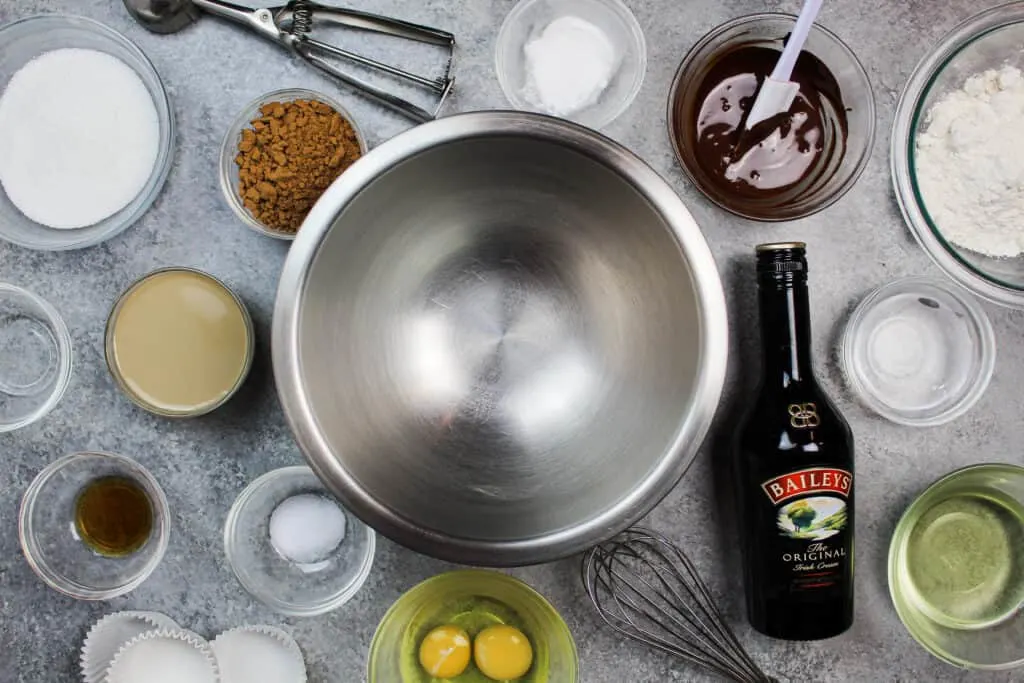 image of ingredients laid out to make baileys chocolate cupcakes