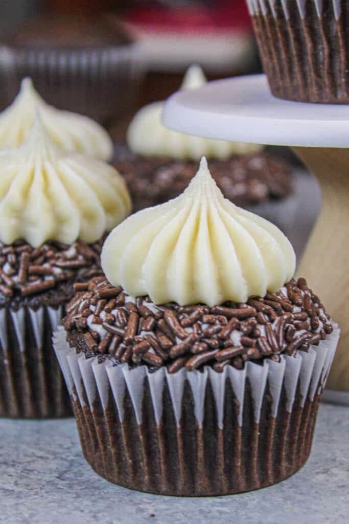 image of baileys cupcake frosted and decorated with an ateco 869 frosting tip and baileys frosting