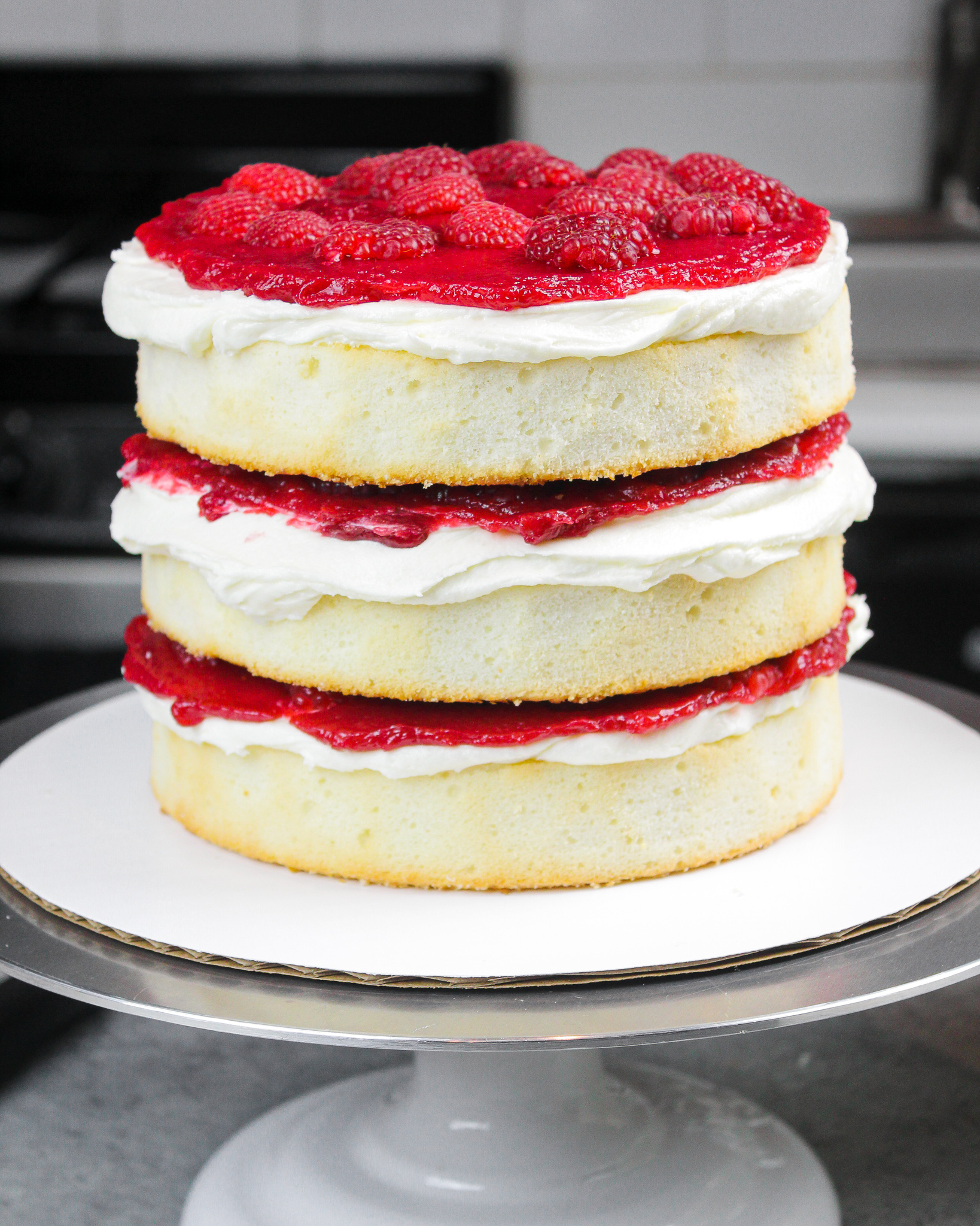 image of raspberry cake filling in a cake