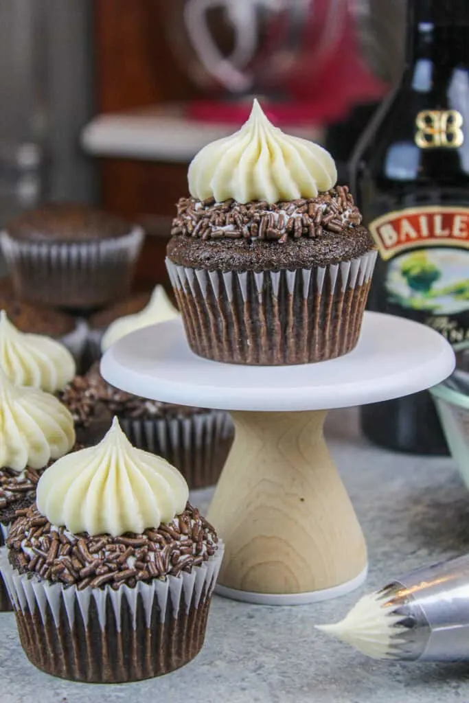 image of baileys cupcakes frosted and surrounding a cupcake stand