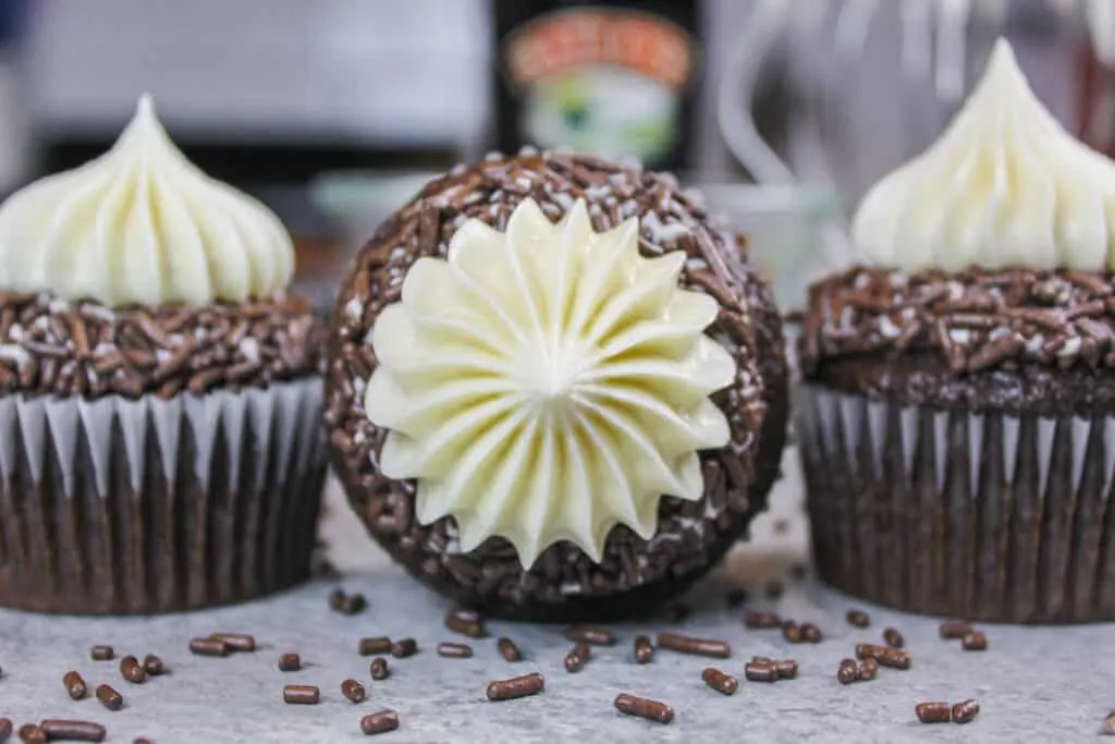 image of chocolate cupcakes frosted with baileys buttercream