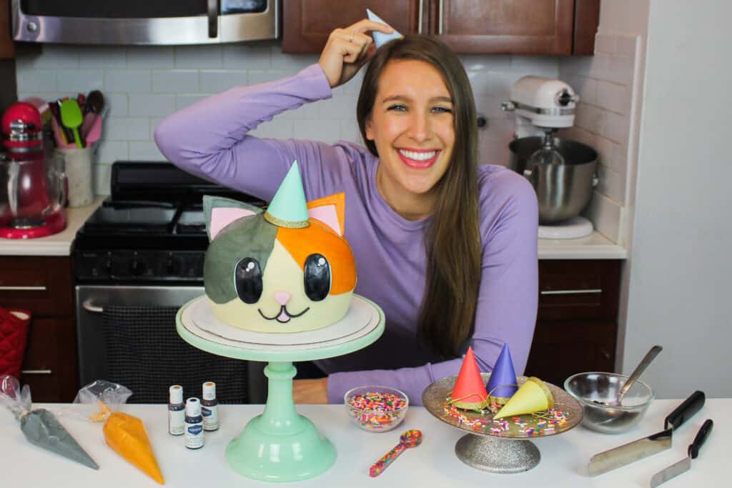 image of chelsey white of chelsweets with adorable funfetti cat cake