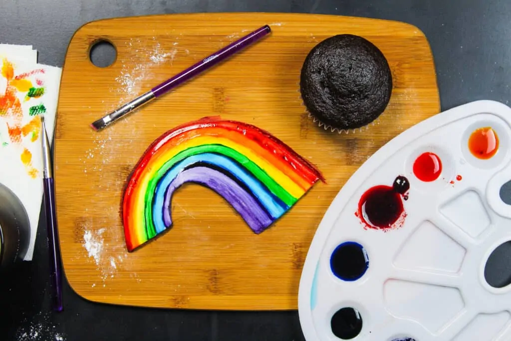 image of hand painted rainbow using fondant and gel food coloring