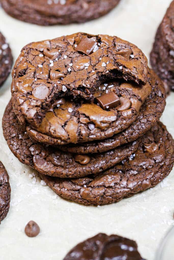 image of stack of brownie cookies with sea salt garnish