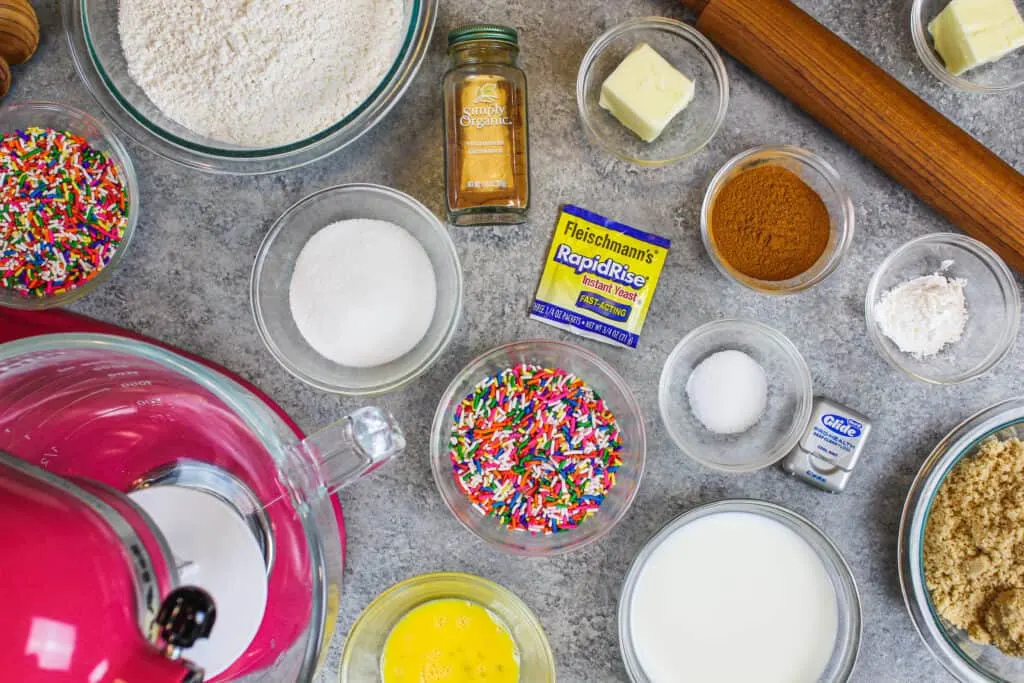 image of ingredients laid out for cinnamon rolls made with instant yeast in 1 hour
