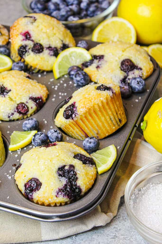 image of lemon blueberry muffins made with yogurt for extra moisture