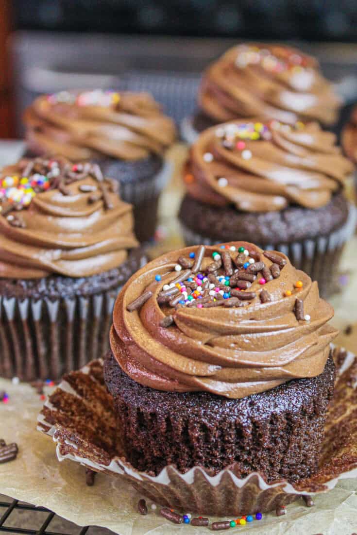 photo of chocolate cupcakes frosted with chocolate sweetened condensed milk frosting