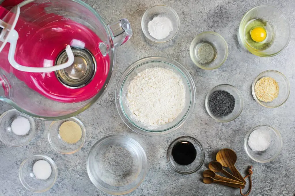 image of ingredients on a counter ready to make homemade bagels
