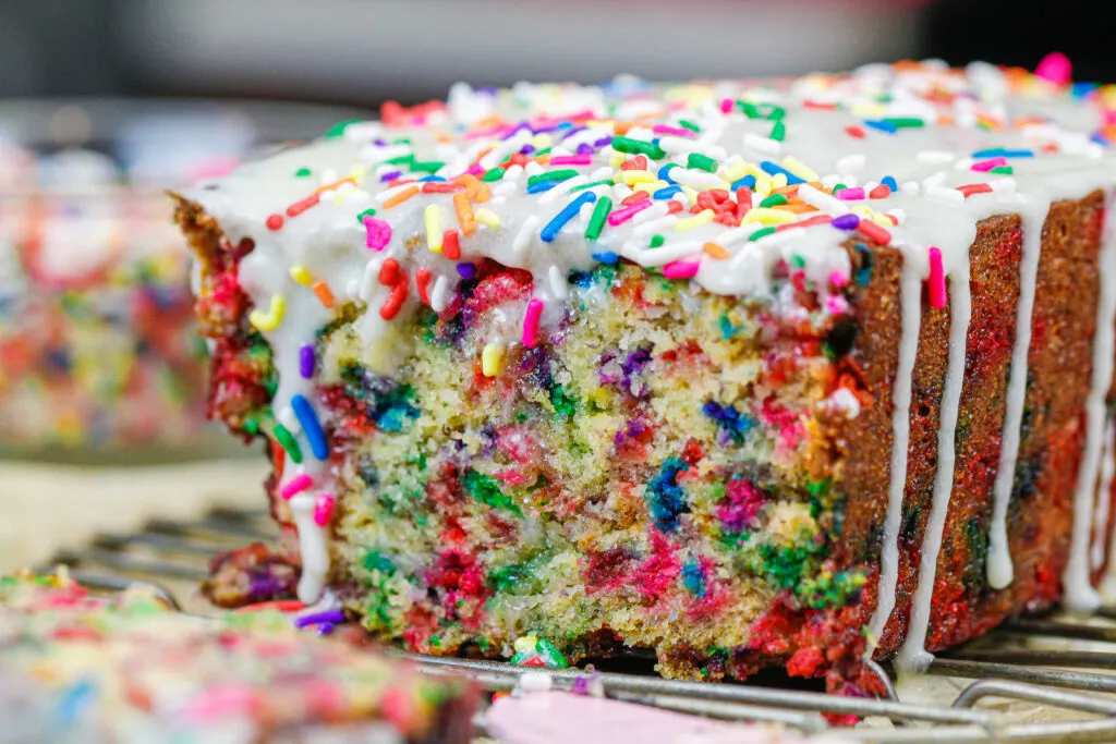 image of slice banana bread made with sprinkles