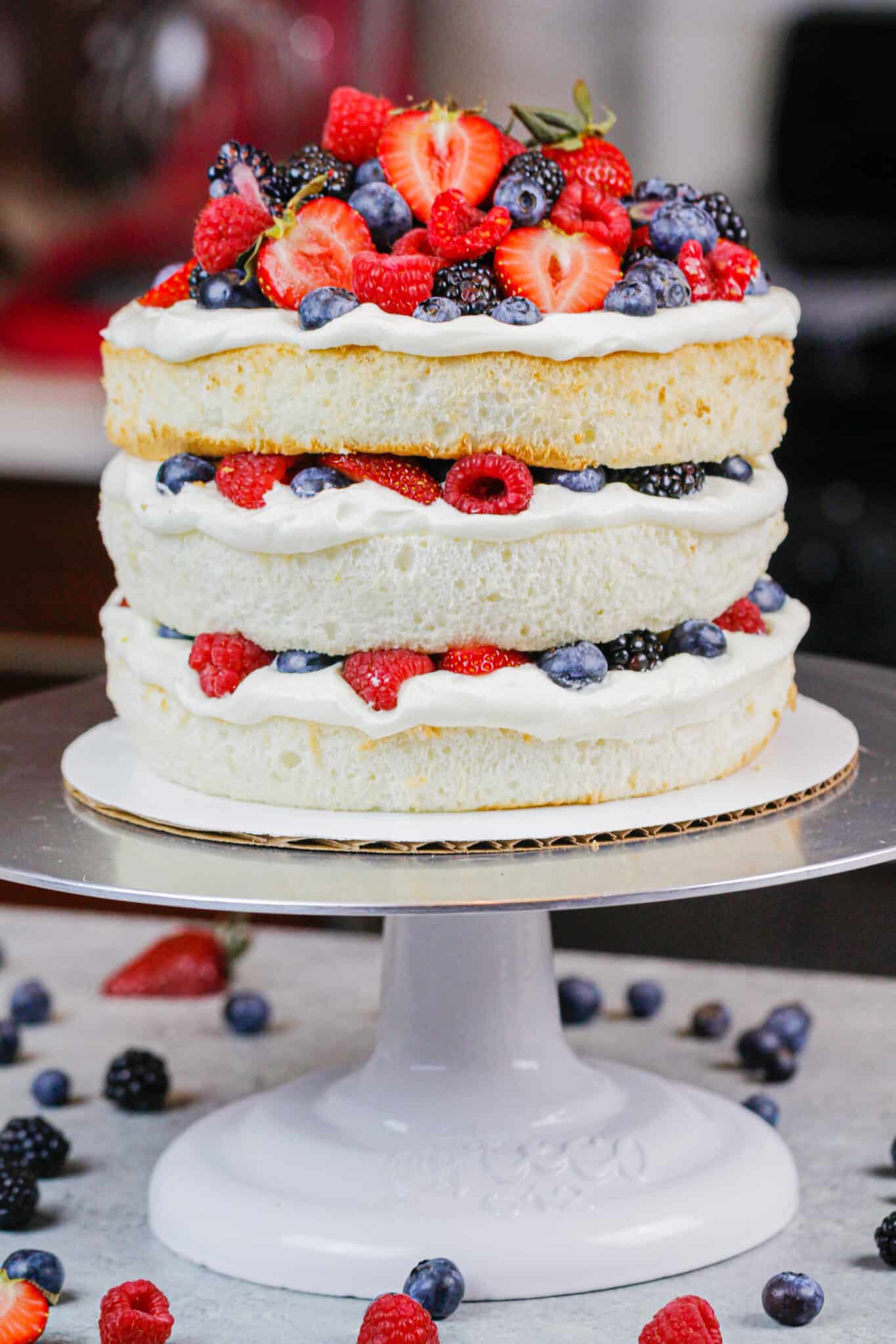 Layered Angel Food Cake - Fluffy Cake Layers Frosted w/ Whipped Cream