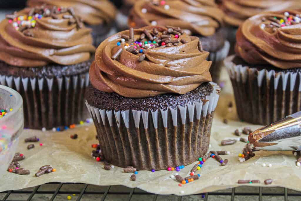 photo of chocolate cupcake frosted with chocolate russian buttercream frosting