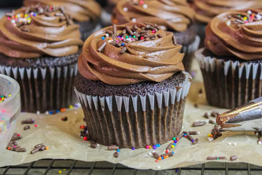 photo of chocolate cupcake frosted with chocolate scm frosting