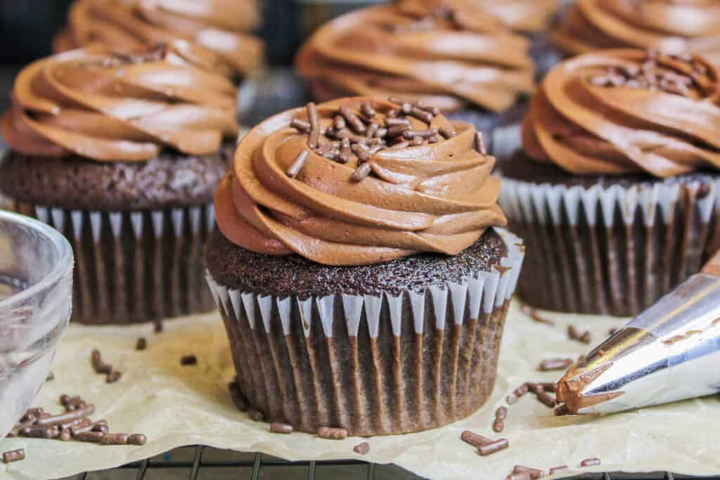 photo of chocolate cupcake frosted with chocolate scm frosting