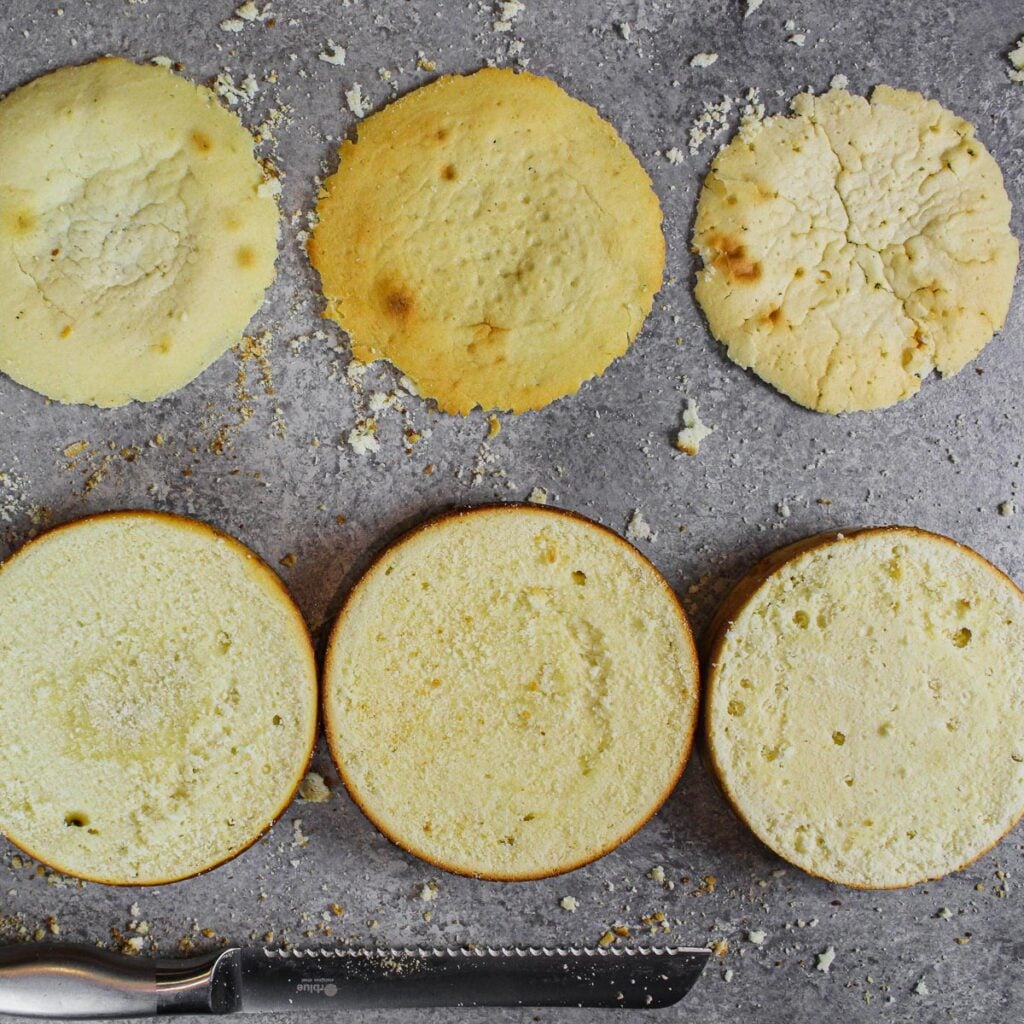 image of four cake layers made as part of a cake troubleshooting guide to show what can happen when cake layers are made incorrectly
