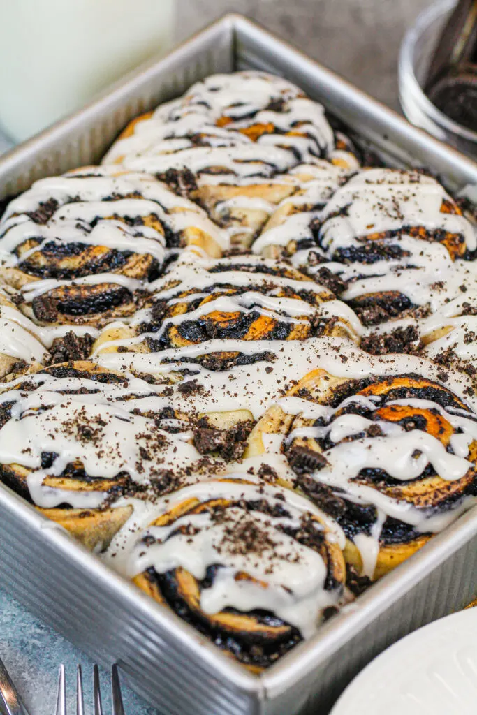 image of oreo cinnamon rolls baked and ready to be eaten