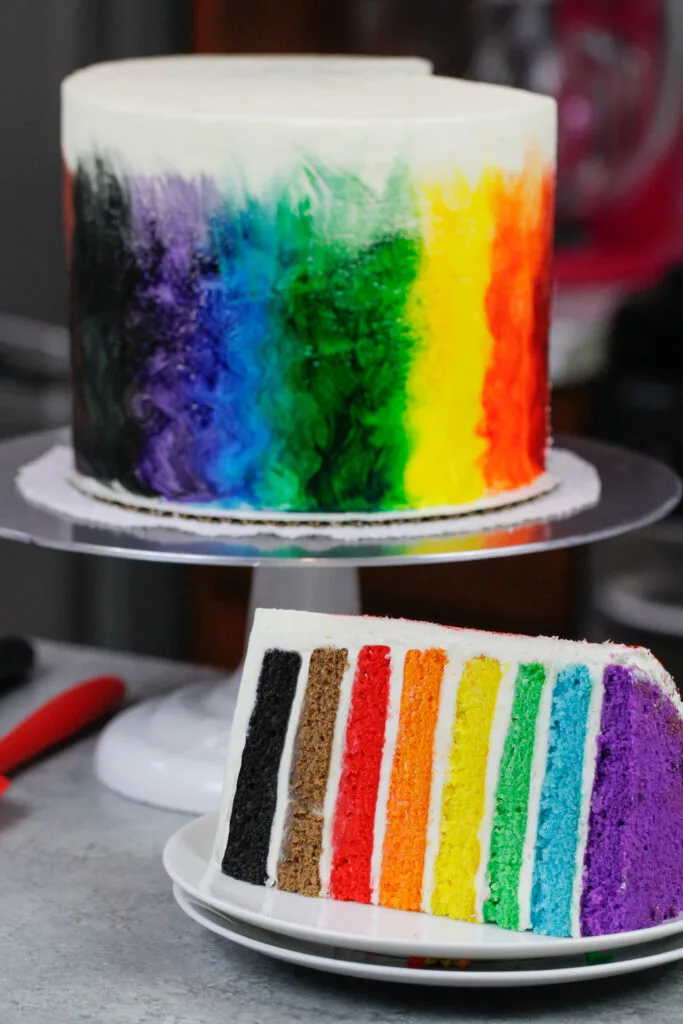 image of rainbow cake layers stacked with american buttercream