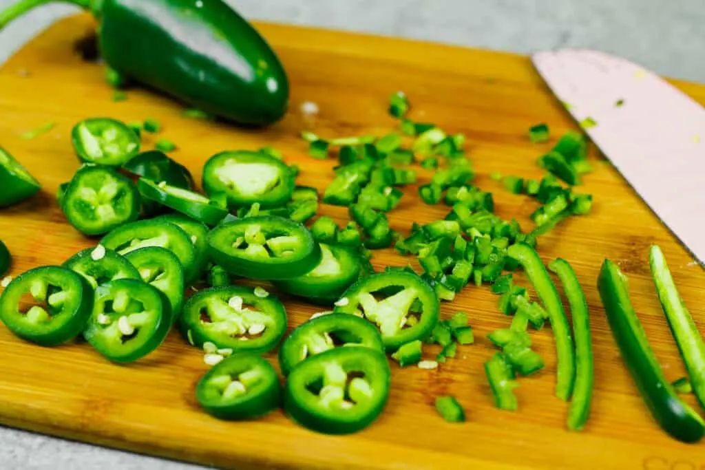 image of diced jalapenos, ready to be added to bagel dough to make jalapeno cheddar bagels