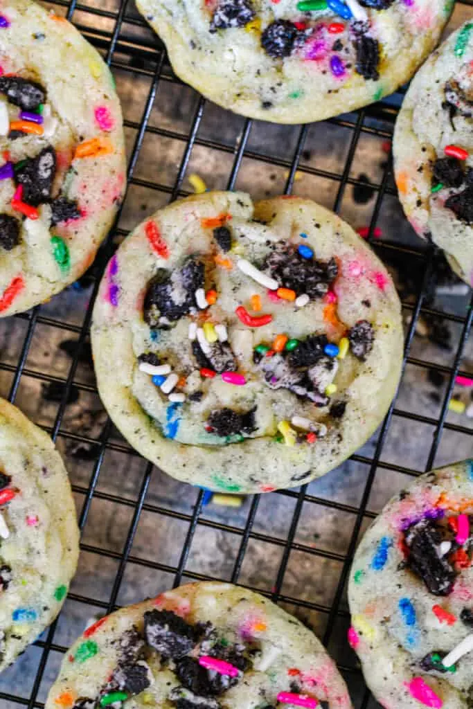 image of funfetti oreo cookies cooling on a wire rack