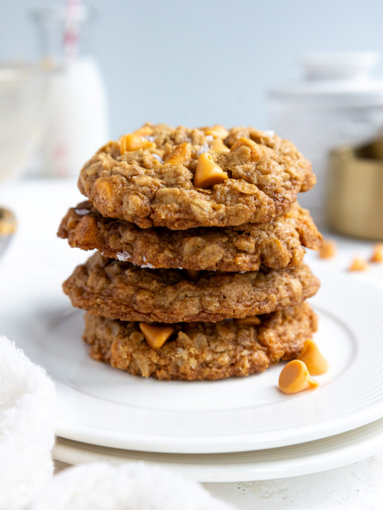 image of oatmeal scotchies stacked on a plate