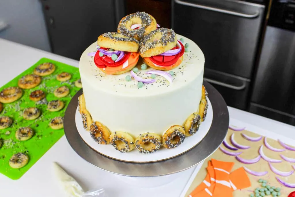 image of bagel cake decorated with mini bagels