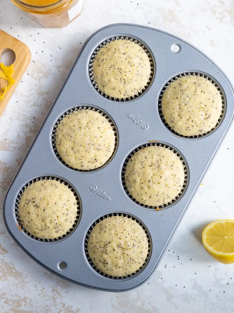 image of baked lemon poppy seed cupcakes cooling in a metal muffin pan