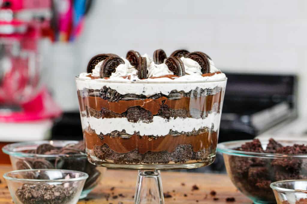 image of oreo trifle made with chocolate cake and oreo whipped cream