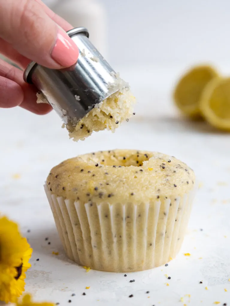 image of the center of a lemon poppy seed cupcake being removed with a small circle cutter