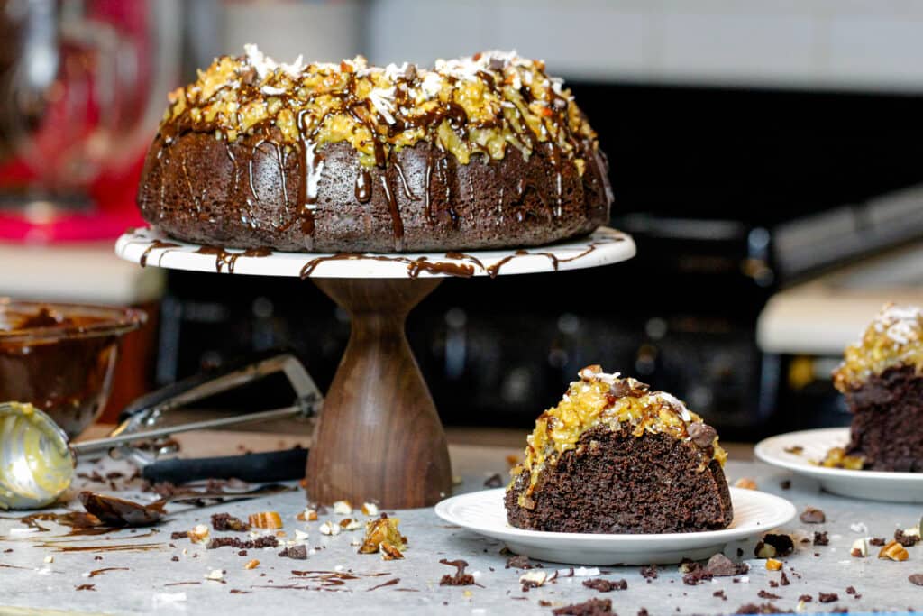 image of german chocolate pound cake decorate with a chocolate glaze