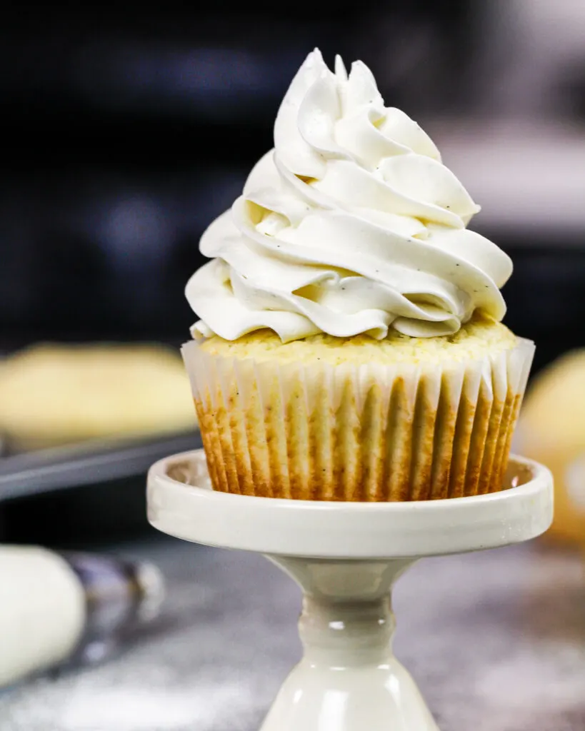 image of a sugar free cupcake that's been frosted with fluffy sugar free buttercream