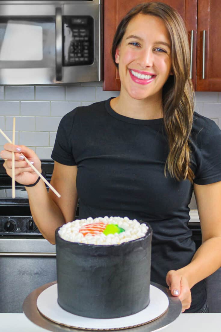 image of a sushi roll cake made for a birthday