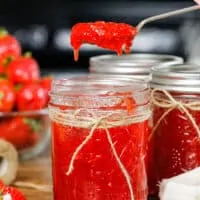image of a spoonful of certo strawberry freezer jam that is set and ready to be eaten