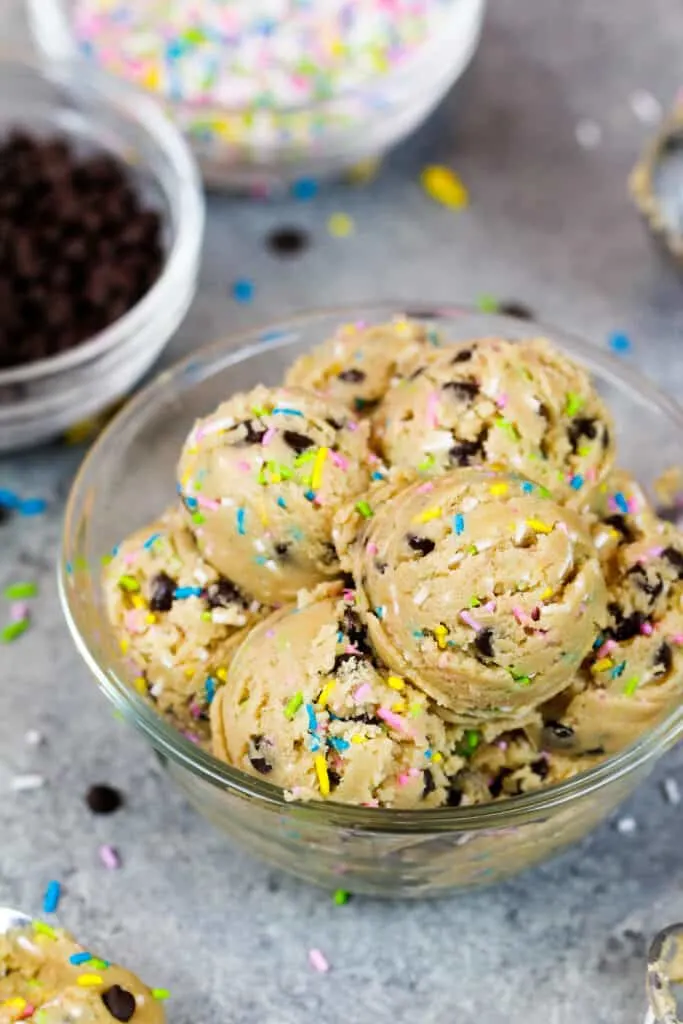image of vegan edible cookie dough with sprinkles and chocolate chips