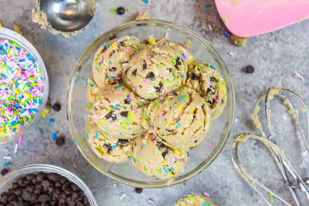 image of vegan edible cookie dough scooped into a bowl to be eaten