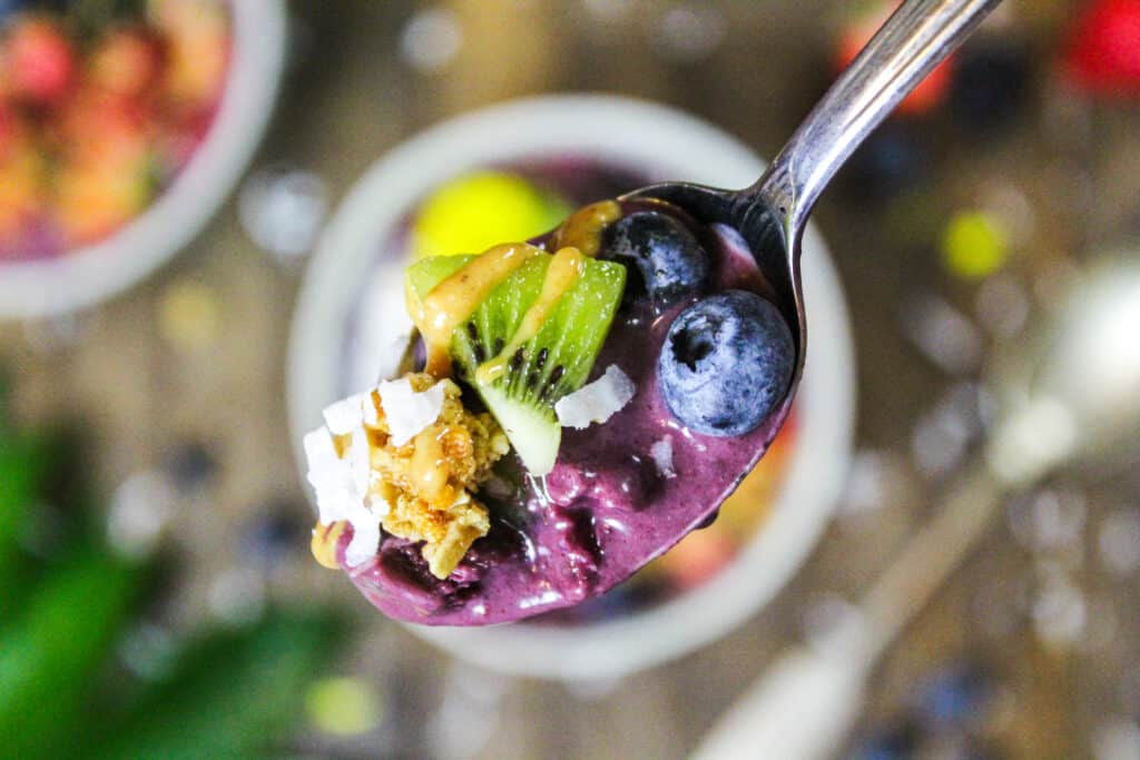 image of a spoonful of a peanut butter acai bowl recipe