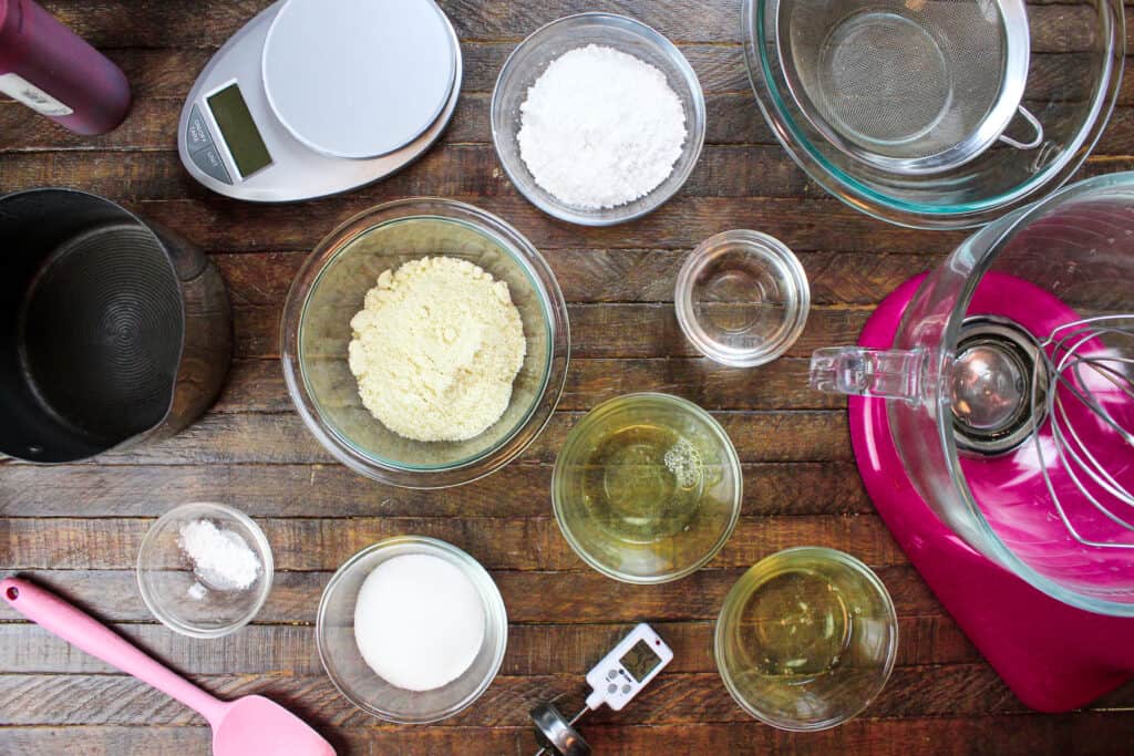 image of ingredients and tools needed to make italian macarons
