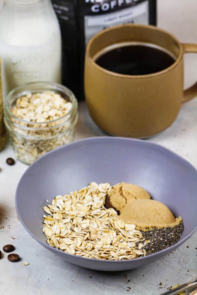 image of ingredients in a bowl to make coffee overnight oats
