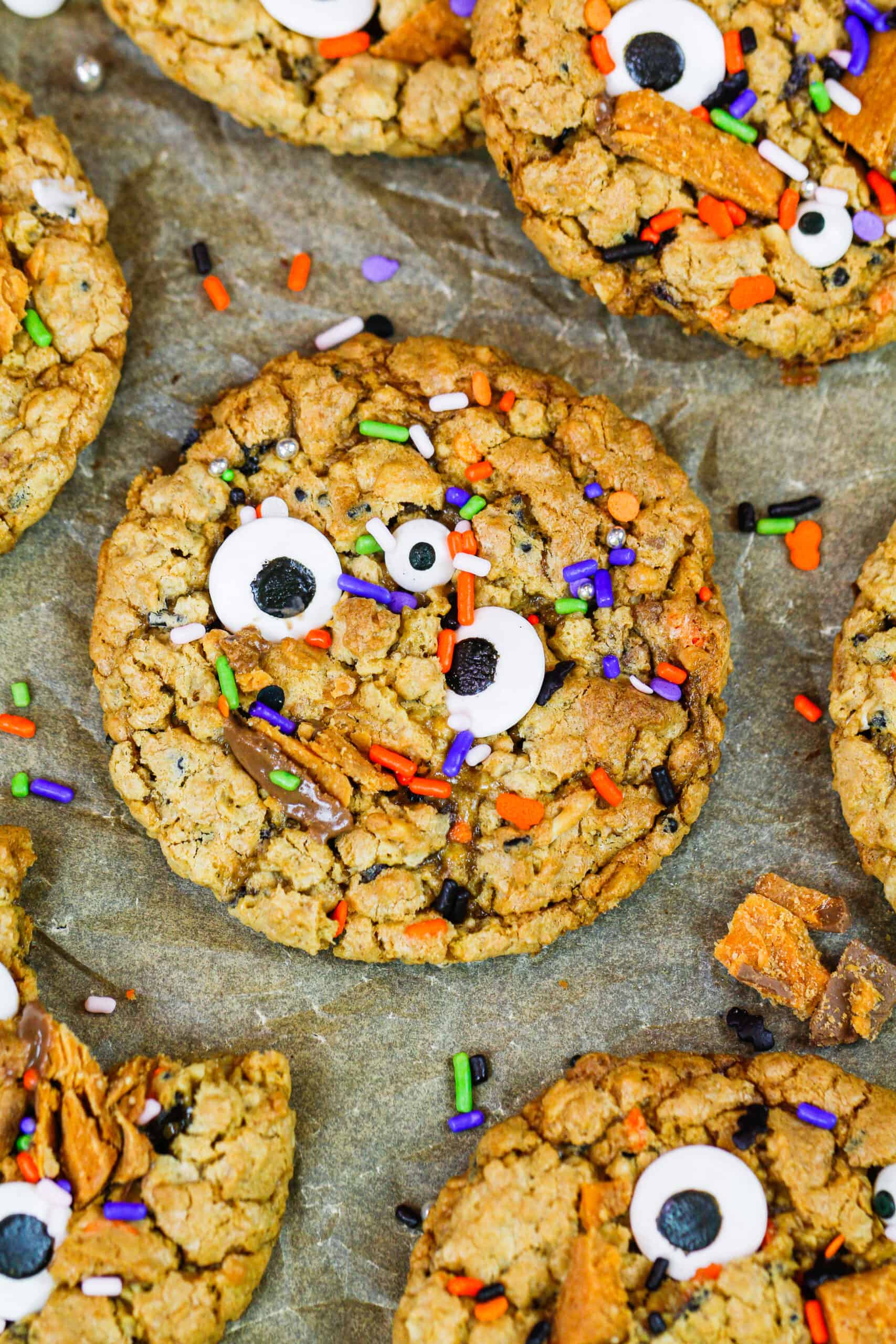 image of monster cookies made with butterfinger baking bits
