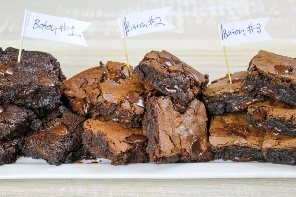 image of 3 batches of dairy free brownies made during recipe testing